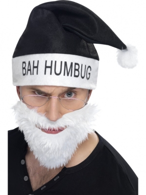 Bah Humbug Verkleedset - zwarte muts met opdruk 'Bah Humbug', bril en witte baard. Wij verkopen nog vele andere Kerst accessoires in onze webshop.
