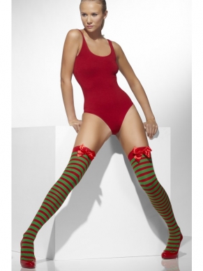 Rood Groen Gestreepte Opaque Hold-Ups met Rode Strik - goede kwaliteit kousen die verkrijgbaar is in 1 maat (one size fits most). Leuke panty voor onder bijvoorbeeld Kerst kostuums!