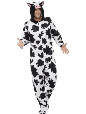 Koe Onesie Kostuum - onesie met koe print en capuchon met oortjes. We verkopen nog veel meer leuke onesies in onze webshop!