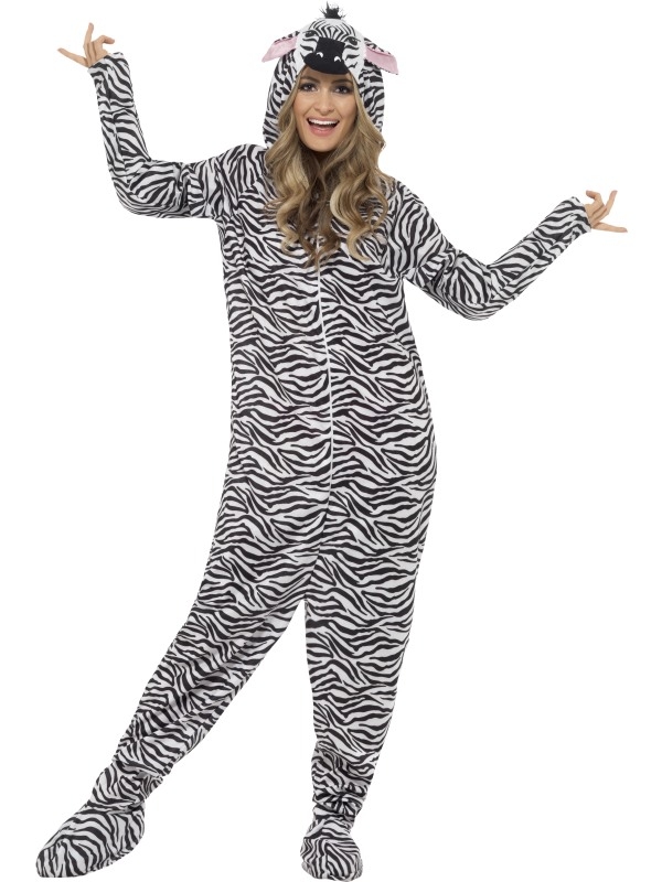 Zebra Onesie Kostuum - onesie met zebra print en capuchon met oortjes. We verkopen nog veel meer leuke onesies in onze webshop!