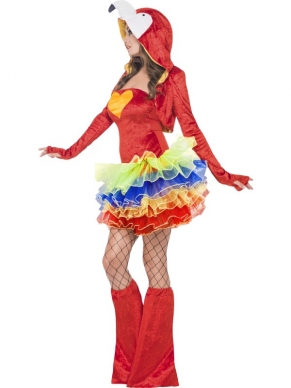 Fever Birds of Paradise Papegaai Kostuum - papegaai kostuum, inclusief rood strapless jurkje tot boven de knie met afneembare bandjes, geel hart en gekleurde tutu rok, rood jasje met lange mouwen en capuchon met papegaai kop en rode bootcovers.