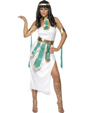 Egyptische Parel van de Nijl Dames Kostuum. Inbegrepen is de strapless witte jurk met hoge zijsplit, de riem en armbanden. De pruik verkopen we los.