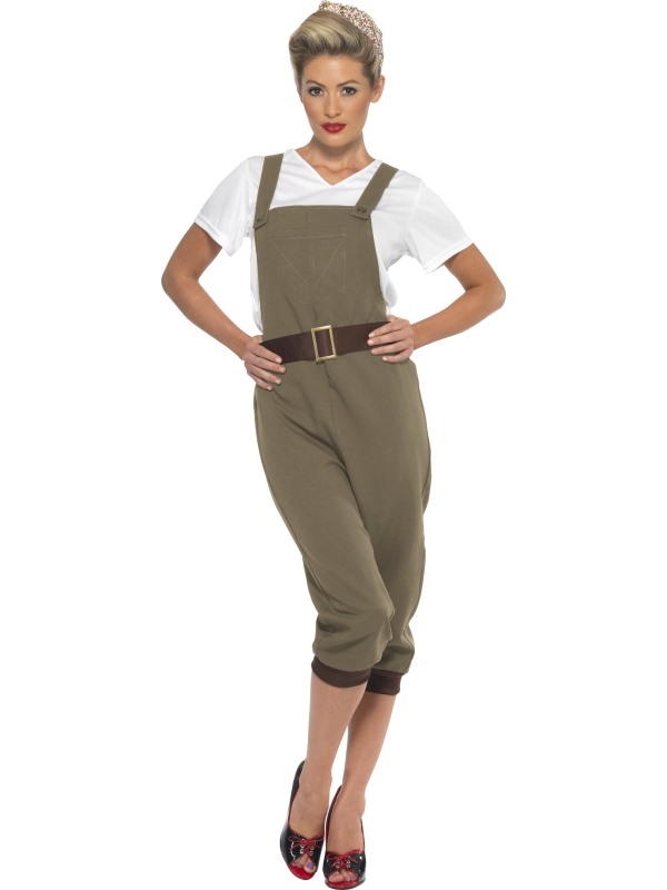 WW2 Land Girl Kostuum - land girl kostuum, inclusief witte top met V-hals en korte mouwen, legergroen tuinpak met driekwart pijpen en bruine riem met gouden gesp en haarband. We verkopen nog veel meer WW2 kostuums in onze webshop!