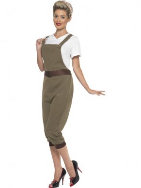 WW2 Land Girl Kostuum - land girl kostuum, inclusief witte top met V-hals en korte mouwen, legergroen tuinpak met driekwart pijpen en bruine riem met gouden gesp en haarband. We verkopen nog veel meer WW2 kostuums in onze webshop!