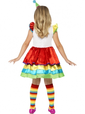 Deluxe Clown Girl Kinder Kostuum - clown kostuum, inclusief schattig jurkje met gestipte top met print van knopen, bretels en bloem, rok van gekleurde laagjes en strik en gekleurd clown hoedje op diadeem. We verkopen ook diverse schmink setjes en kousen in onze webshop!