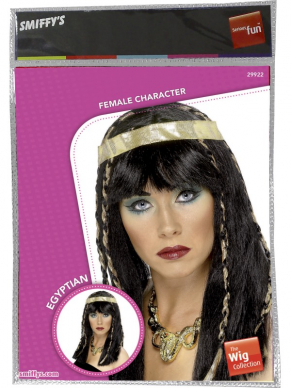 Egyptische Dames Pruik met Gouden Haarband en Vlechtjes.