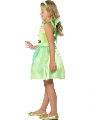 Forest Fairy Kinder Kostuum - feeën kostuum, inclusief schattig groen jurkje met details, groene vleugels en groene haarband.