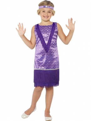 Tallulah Flapper Girl Kinder Kostuum - flapper kostuum, inclusief schattig paars jurkje met details en franjes en paarse hoofdband.