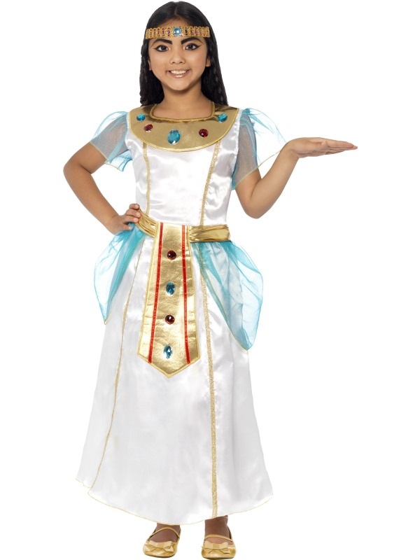 Deluxe Cleopatra Kinder Kostuum - Cleopatra kostuum, inclusief mooie witte jurk met blauw tule en gouden hals en riem met diamanten en bijpassende haarband.