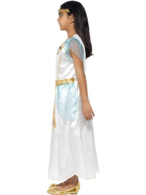 Deluxe Cleopatra Kinder Kostuum - Cleopatra kostuum, inclusief mooie witte jurk met blauw tule en gouden hals en riem met diamanten en bijpassende haarband.
