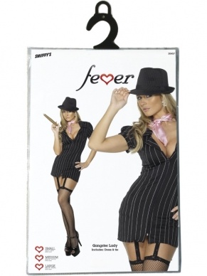 Fever Gangster Dames Verkleedkleding. Inbegrepen is de zwarte jurk met roze krijtstreep en roze sjaal. Het hoedje verkopen we los.