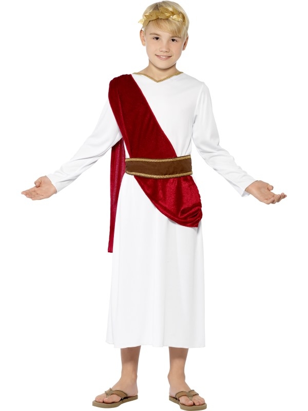 Roman Boy Kinder Kostuum - Romeins kostuum, inclusief witte toga met rode sjerp, bruine riem en haarband met gouden bladeren.