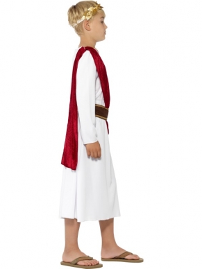 Roman Boy Kinder Kostuum - Romeins kostuum, inclusief witte toga met rode sjerp, bruine riem en haarband met gouden bladeren.