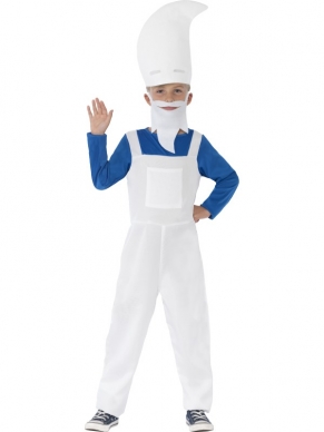 Gnome Boy Kinder Kostuum - gnoom kostuum, inclusief blauwe top met lange mouwen en aangehecht wit tuinpak, witte muts en witte baard.