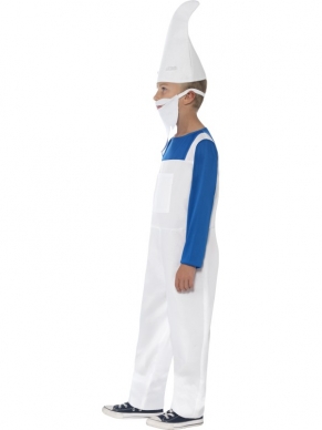 Gnome Boy Kinder Kostuum - gnoom kostuum, inclusief blauwe top met lange mouwen en aangehecht wit tuinpak, witte muts en witte baard.