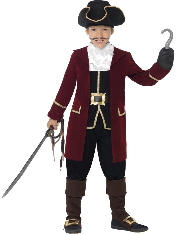 Deluxe Pirate Captain Kinder Kostuum - piraat kostuum, inclusief bordeaurode jas met gouden details, zwarte gilet met riem en gouden details, witte kraag, zwarte broek en piraten hoed. We verkopen ook diverse zwaarden en andere piraten accessoires in onze webshop!