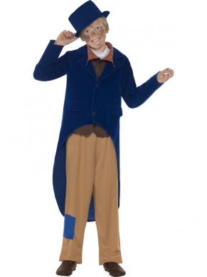 Dickensian Boy Kinder Kostuum - Dickens kostuum, inclusief blauwe jas met lange achterkant, blouse, bruine broek en blauwe hoed. We verkopen ook diverse schminksetjes in onze webshop!