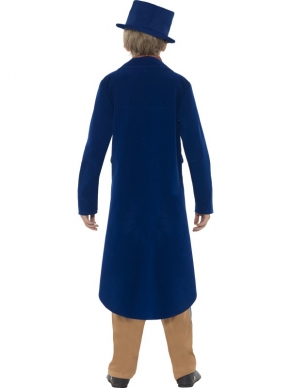 Dickensian Boy Kinder Kostuum - Dickens kostuum, inclusief blauwe jas met lange achterkant, blouse, bruine broek en blauwe hoed. We verkopen ook diverse schminksetjes in onze webshop!