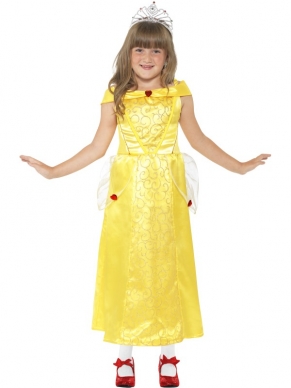 Belle Beauty Kinder Kostuum - Belle kostuum, inclusief lange gele jurk met details. We verkopen ook diverse kroontjes en andere prinsessen accessoires in onze webshop!