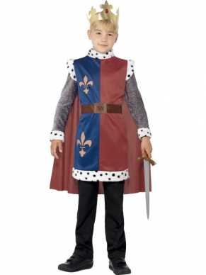 King Arthur Medieval Kinder Kostuum, bestaande uit het rood - blauwe tuniek met details en aangehechte cape en gouden kroon. Bekijk hier onze bijpassende accessoires om de look compleet te maken.