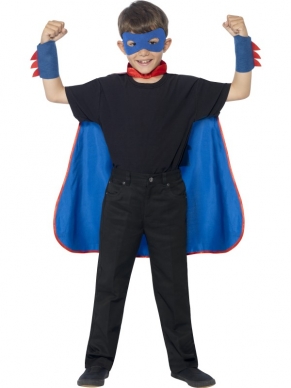Superheld Kinder Verkleedset - 3-delige superheld verkleedset, inclusief blauwe cape, blauw oogmasker en en bijpassende polsbandjes.