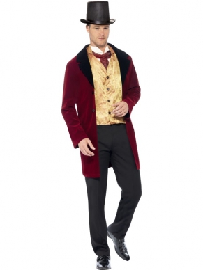 Geniet van de luxe van het Victoriaanse en Edwardiaanse tijdperk met dit prachtige kostuum.Inbegrepen is een mooie jas, gilet en een cravat (heren halsdoek). Maak je outfit af met mooie accessoires!