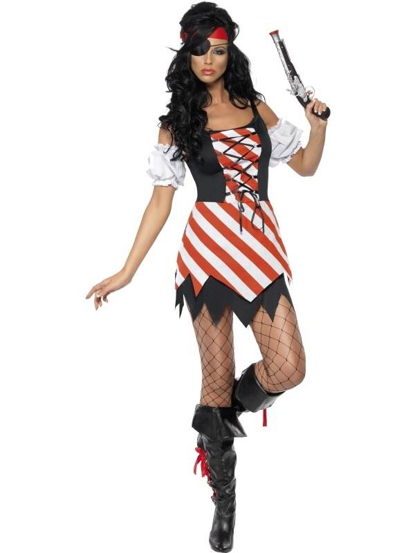 Fever Piraten Dames Verkleedkleding. Inbegrepen is de korte sexy piraten jurk met losse mouwen, ooglapje en haarband. Compleet piraten kostuum.