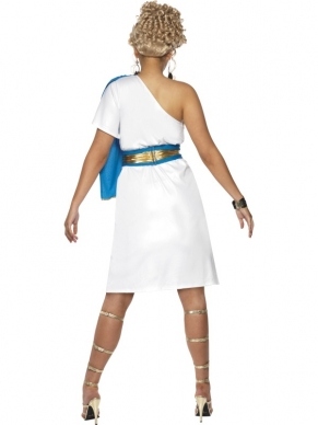 Roman Beauty Romeinse Dame Verkleedkleding. Inbegrepen is de off schoulder witte jurk met toga, riem en gouden haarband. De pruik verkopen we los.