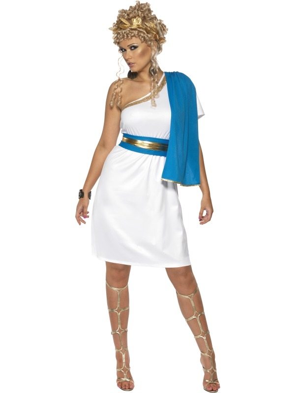 Roman Beauty Romeinse Dame Verkleedkleding. Inbegrepen is de off schoulder witte jurk met toga, riem en gouden haarband. De pruik verkopen we los.