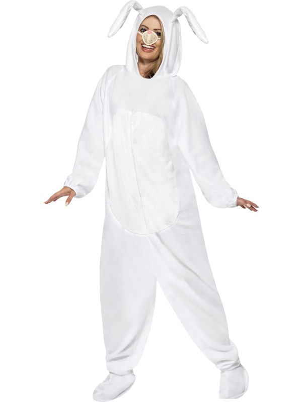 Onesie White Rabbit Kostuum, alles in 1 met capuchon en neus.
Voor dames en heren!