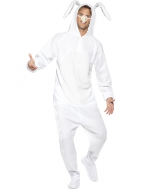 Onesie White Rabbit Kostuum, alles in 1 met capuchon en neus.
Voor dames en heren!