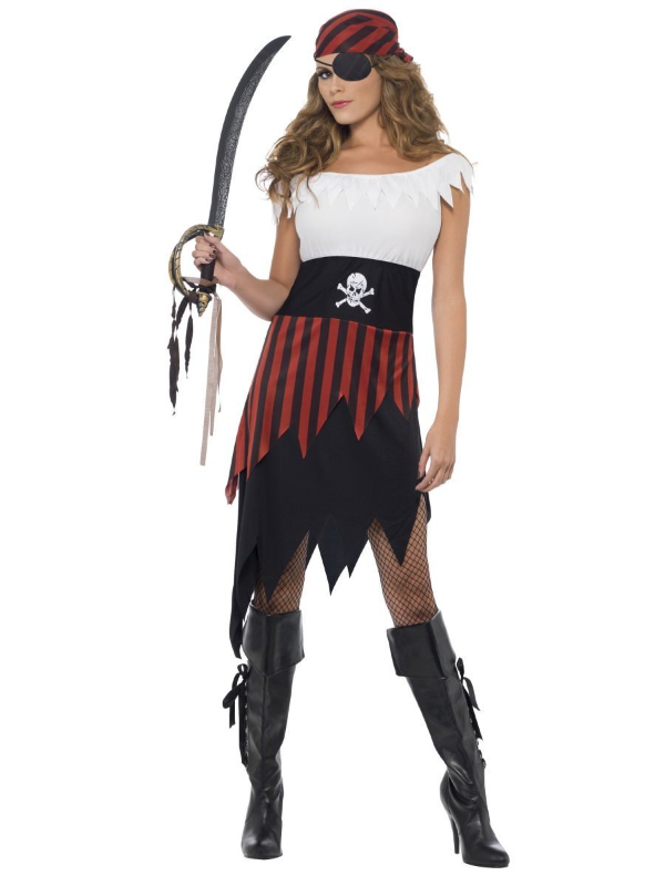 Piraten Dames Verkleedkleding, bestaande uit de a-symetrische piratenjurk en de bijpassende haarband. Maak de look compleet met Piratenaccessoires.