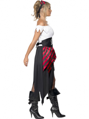 Piraten Dames Verkleedkleding, bestaande uit de a-symetrische piratenjurk en de bijpassende haarband. Maak de look compleet met Piratenaccessoires.